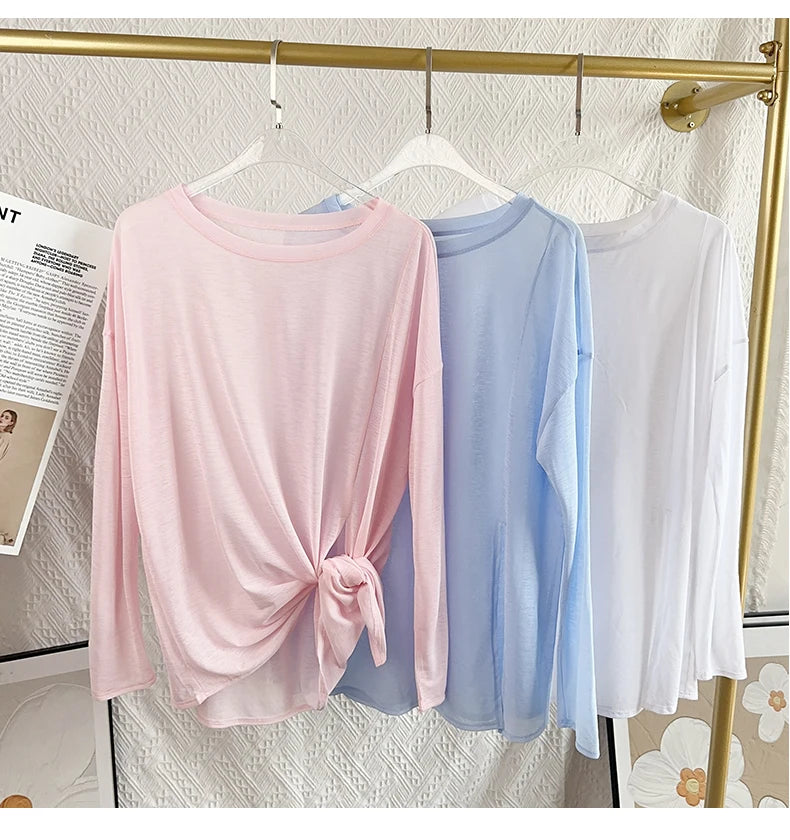 Women’s Long Sleeve Yoga Shirt O-Neck Breathable Loose Fit Sports Top for Running Pilates Gym Fitness