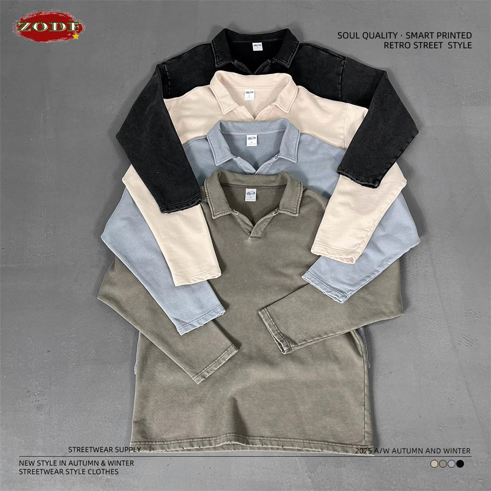 ZODF Retro Heavy Weight 400gsm Washed Cotton T-Shirts For Man Unisex Full Sleeve Turn Down Collar T Shirt Brand Tops HY1087