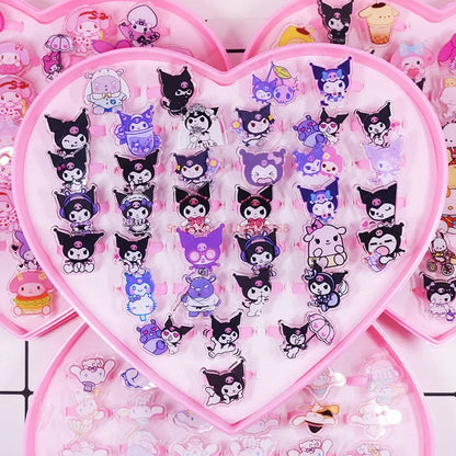New 36pcs Of Cartoon Cinnamoroll My Melody Kuromi Resin Ring Children's Creative Love Box Cute Ring Girl Trinkets Children's Toy