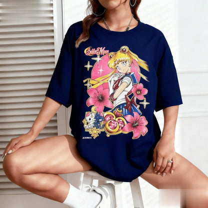 New Summer Trendy Sailor Moon Anime Graphic T-shirt Men Women Oversized Casual Top Streetwear Loose Short Sleeves Tee Y2k Unisex