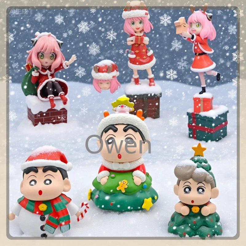 Christmas Anime Crayon Shin chan Figurine Santa Claus Spy Family Anya Action Figures Dolls Model Toys PVC Collectible Ornament