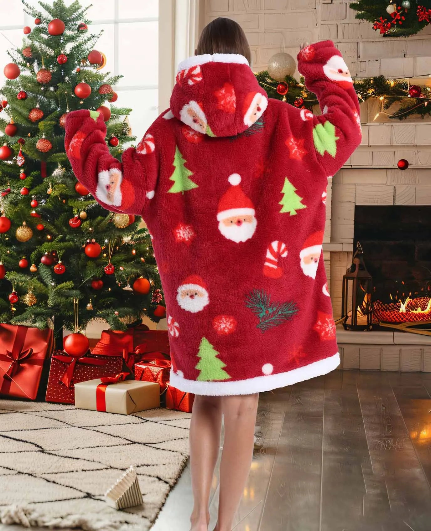 Short/Long Wearable Blankets Christmas Hoodies Winter Flannel Hooded Blanket with Full Sleeves Men Women Warm Adult TV Blanket