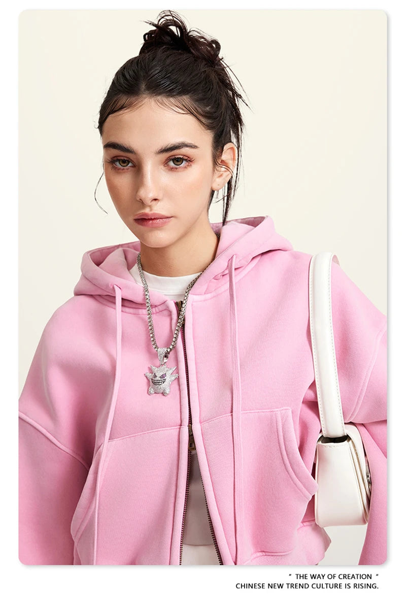 ZODF Retro 2025 Winter Women Short Zipper Hoodies Female Girls Loose 355gsm Thick Fleece Hooded Zip-up Coat Streetwears HY0448