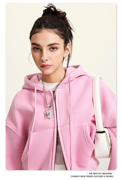 ZODF Retro 2025 Winter Women Short Zipper Hoodies Female Girls Loose 355gsm Thick Fleece Hooded Zip-up Coat Streetwears HY0448