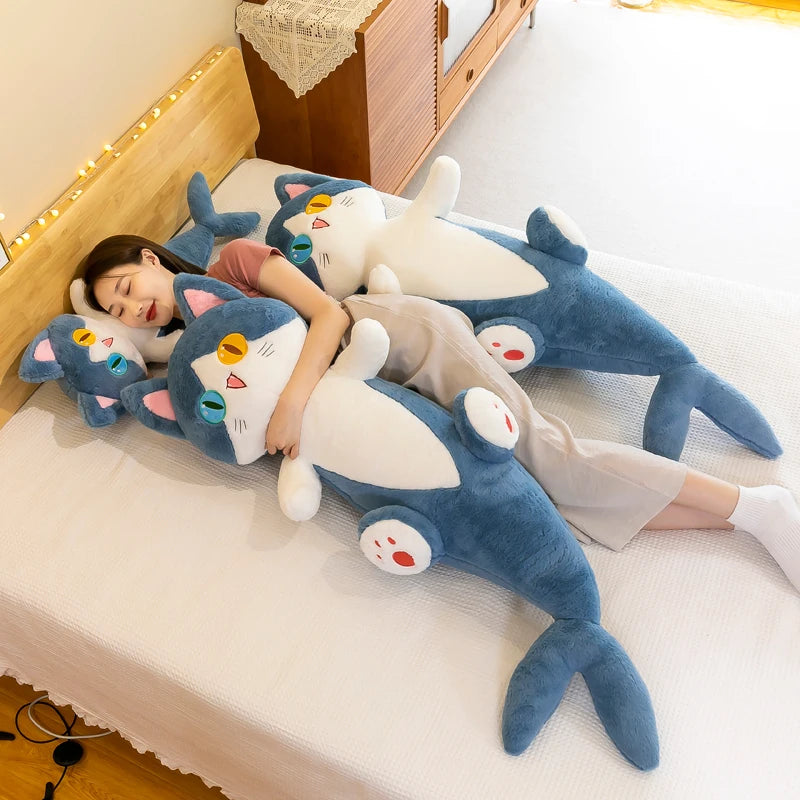 135cm Different Pupil Shark Cat Doll Sleeps with Pillow Girl Sand Sculpture Plush Toy Male Long Striped Leg Clamping Stitch