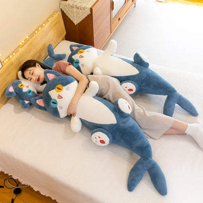 135cm Different Pupil Shark Cat Doll Sleeps with Pillow Girl Sand Sculpture Plush Toy Male Long Striped Leg Clamping Stitch