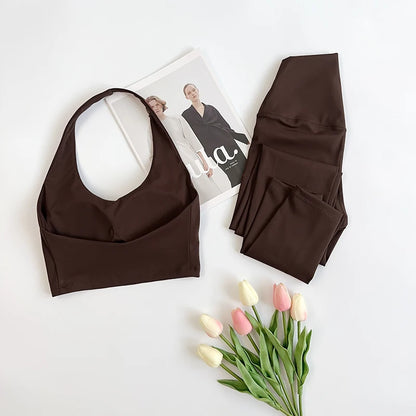 Women’s 2pcs High Stretch Yoga Sports Bra and Legging Set Comfortable Workout Activewear - Chestnut / S