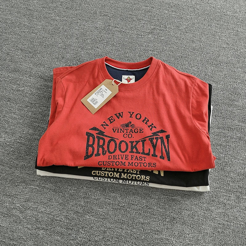 Autumn New American Retro Long-sleeved O-neck Letter Printed T-shirt Men's Fashion Simple 100% Cotton Washed Casual Sport Tops