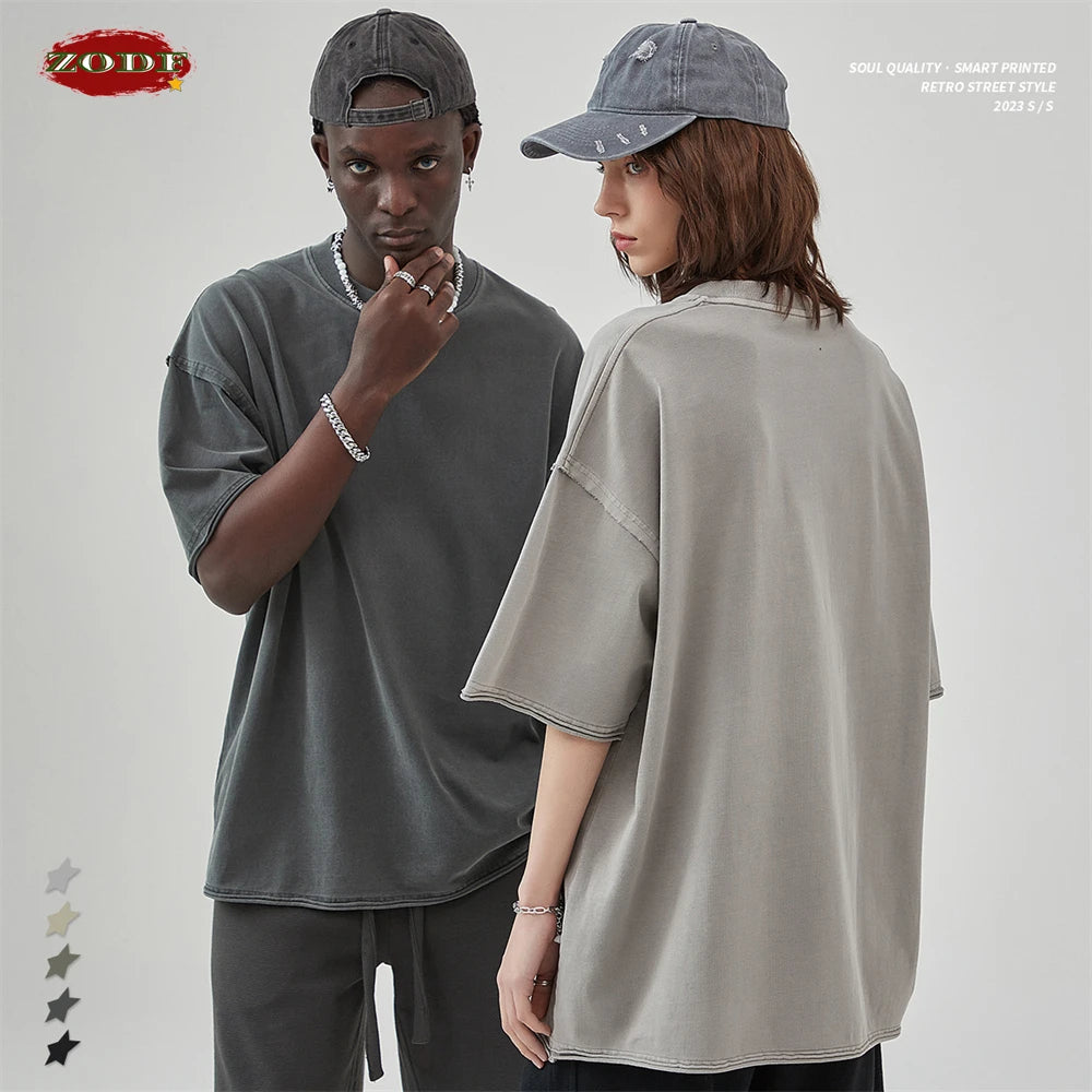 ZODF 2025 High Street Men Batik Washed Solid T Shirts Unisex Summer Loose Edge Noshrink 275gsm Cotton T-Shirt Streetwears HY0466