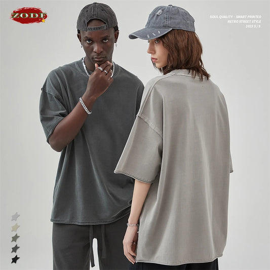 ZODF 2025 High Street Men Batik Washed Solid T Shirts Unisex Summer Loose Edge Noshrink 275gsm Cotton T-Shirt Streetwears HY0466