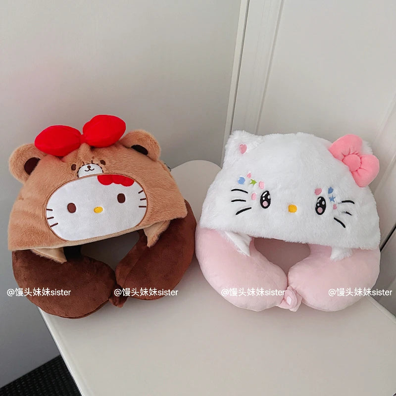 Kawaii Hello Kitty Neck Support Pillow with Hat Soft Plush Travel U-Shaped Pillow Nap Sleeping Cartoon Comfortable Journeys Girl