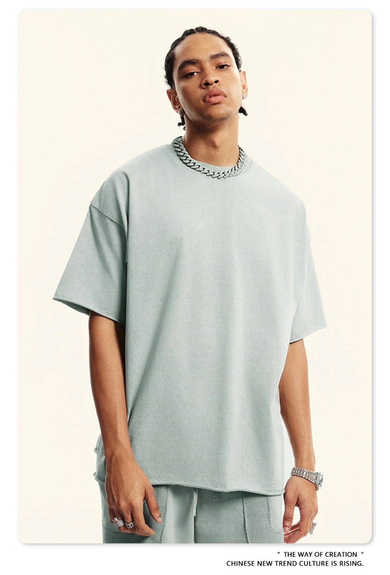 ZODF Retro 2024 Summer Men Washed Cotton T-Shirts  Unisex Women 310gsm Distressed Hem Loose Edge T Shirt Brand Tees HY0808