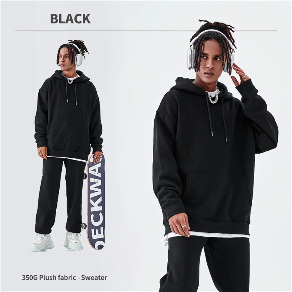 ZODF Casual Winter Men 350gsm Fleece Hoodie Unisex Loose Warm Solid Hooded Sweatshirt Pullover 18 Colors HY0728 - black