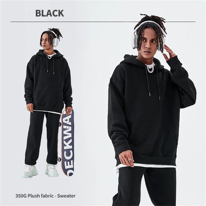 ZODF Casual Winter Men 350gsm Fleece Hoodie Unisex Loose Warm Solid Hooded Sweatshirt Pullover 18 Colors HY0728 - black