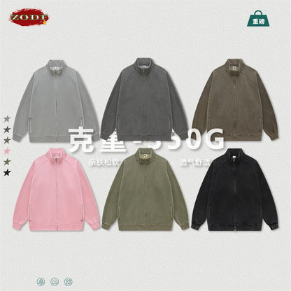 ZODF Retro Winter Men Washed Fleece Zipper Jackets Unisex Loose Oversized 400gsm Raglan Sleeve Coats Streetwears HY0649