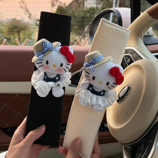 New Sanrio Straw Hat Hellokitty Car Seat Belt Shoulder Protector Cute Anti Pinch Car Safety Protection Cover Girl'S Gift