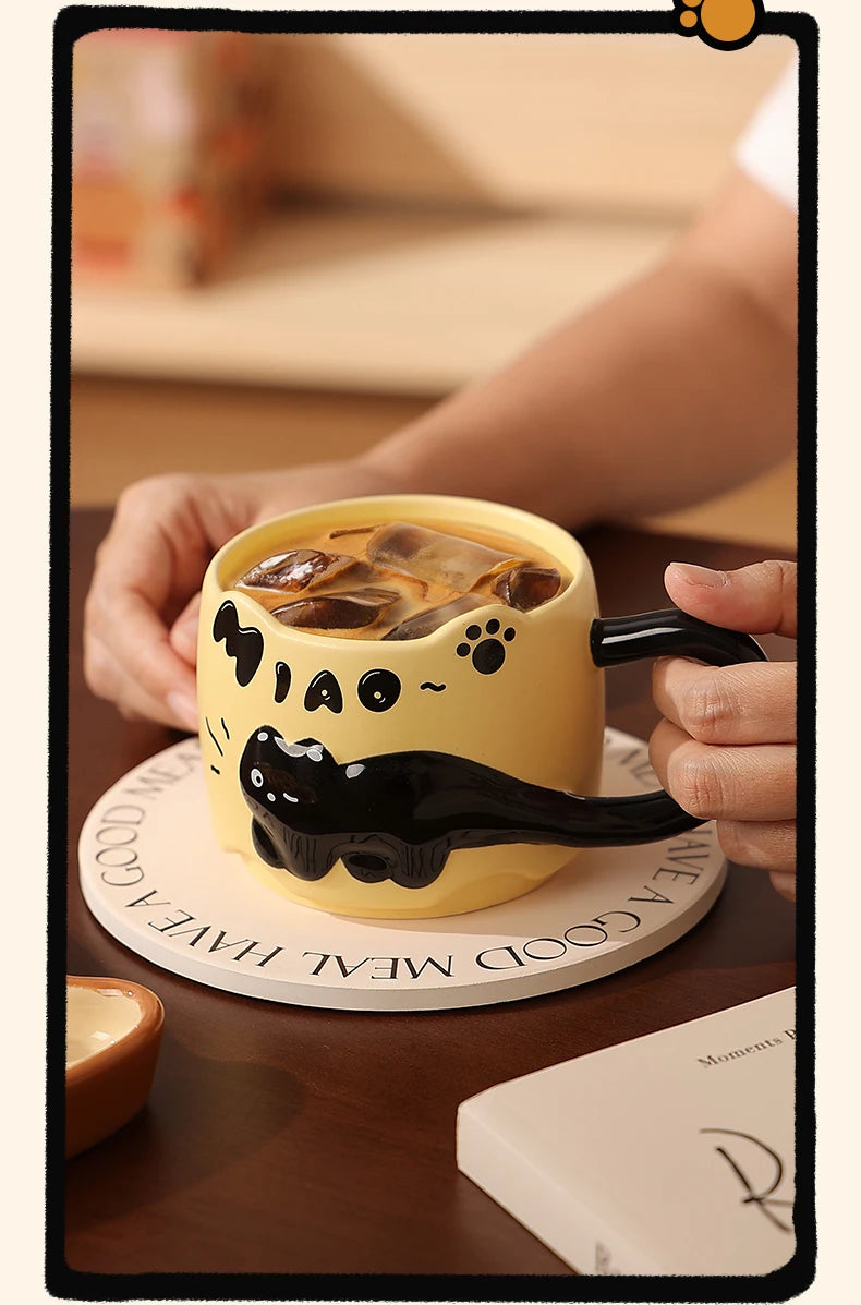 Cat Stacking Mug Creative Cute Cartoon Cat Ceramic Coffee Cup Fun Cat Tail Integrated Handle Cup Couple Water Cup Birthday Gift