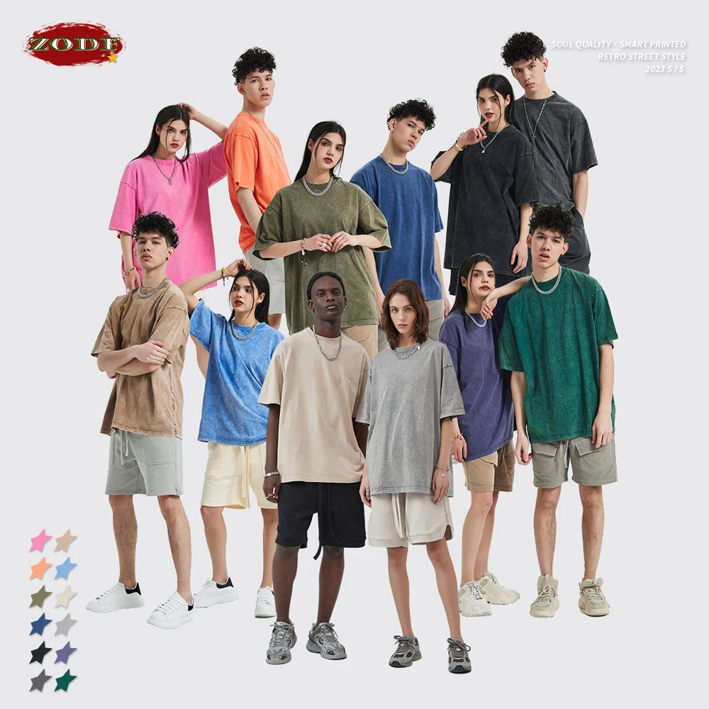 ZODF 2025 High Street Summer Washed Cotton Unisex Loose Retro Solid T-Shirt HY0113