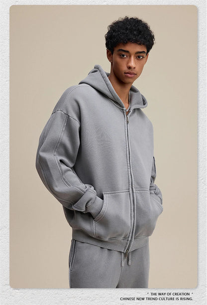 ZODF Retro 2025 Autumn Winter Unisex Zipper Fleece Hoodie 400gsm Washed Batik Warm Hooded Coat HY1084