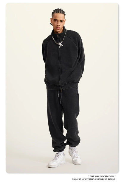 ZODF Retro Winter Men Washed Fleece Zipper Jackets Unisex Loose Oversized 400gsm Raglan Sleeve Coats Streetwears HY0649