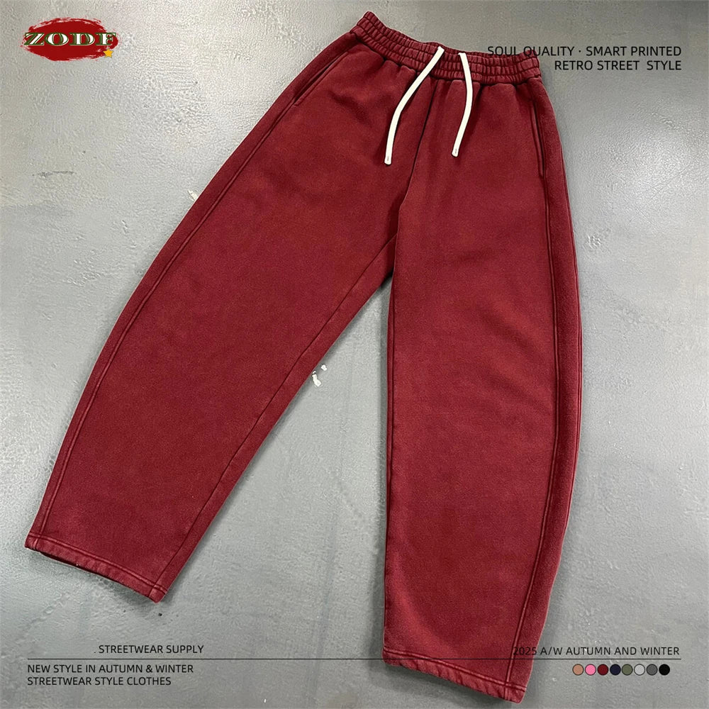 ZODF New 2025 Winter Batik Washed Man Fleece Pants Unisex High Street Distressed Thick Warm Straight Trousers Sweatpants HY1166