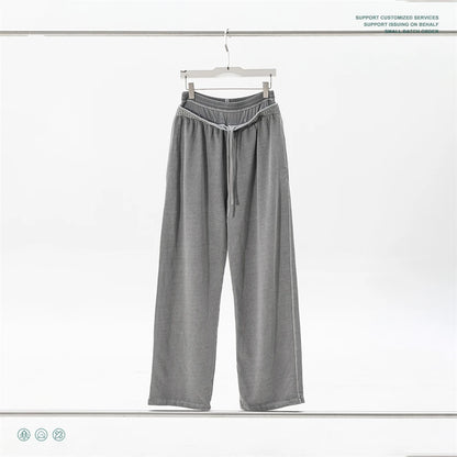 ZODF Retro Women Washed 370gsm Straight Pants Vintage Girls Female Loose Double Waist Wide Leg Cotton Trousers HY1150