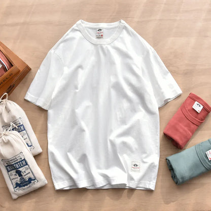 Summer New American Retro Short-sleeved O-neck Soild Color T-shirt Men's Fashion Simple 100% Cotton Washed Casual Sport Tops