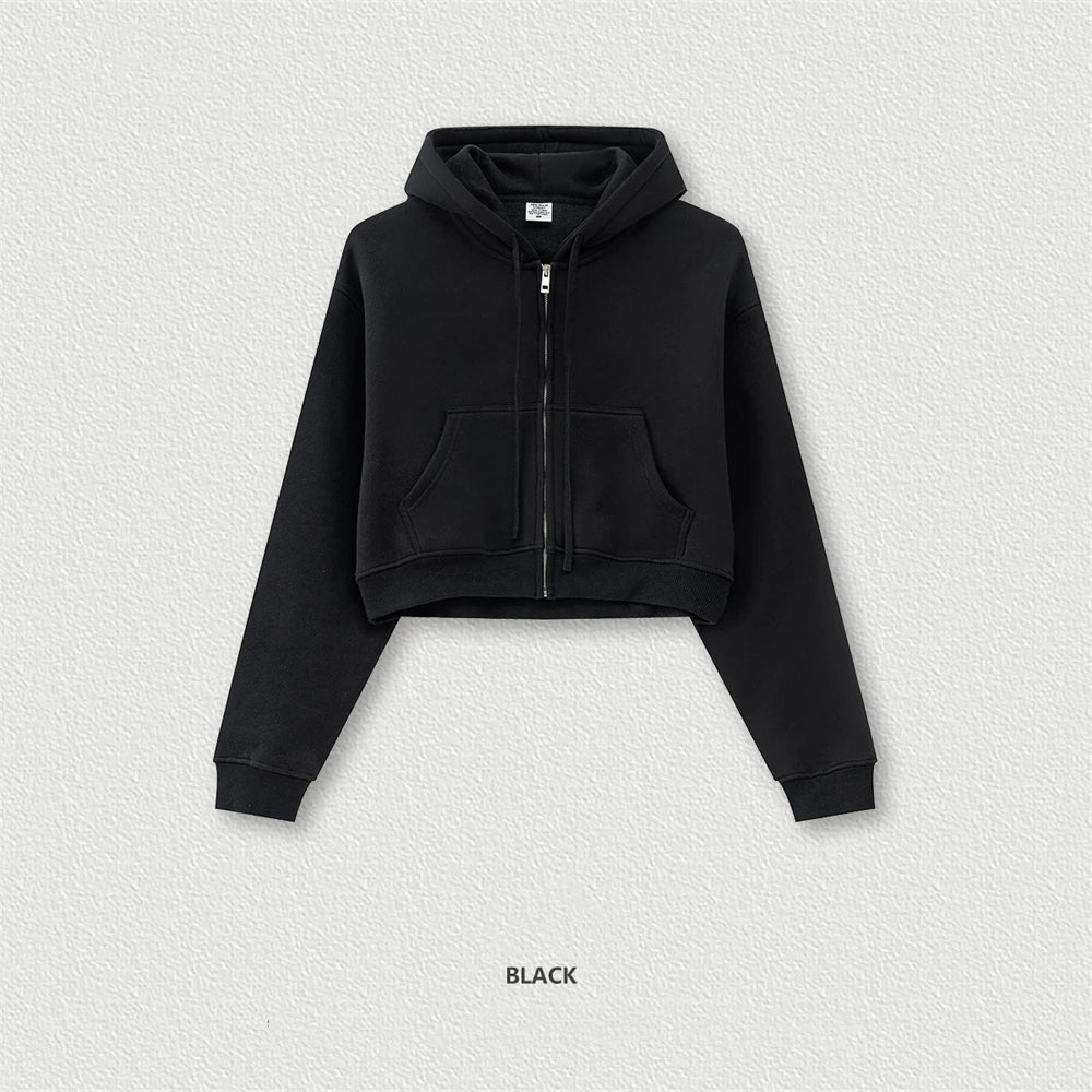 ZODF 2024 Winter Women Zipper Crop Hoodies Female Girls Solid 345gsm Warm Fleece Short Hooded Zip-Up Coat HY0911