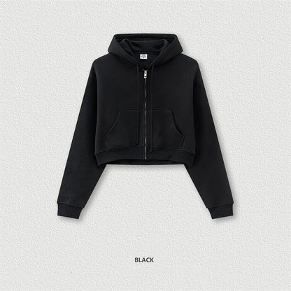 ZODF 2024 Winter Women Zipper Crop Hoodies Female Girls Solid 345gsm Warm Fleece Short Hooded Zip-Up Coat HY0911