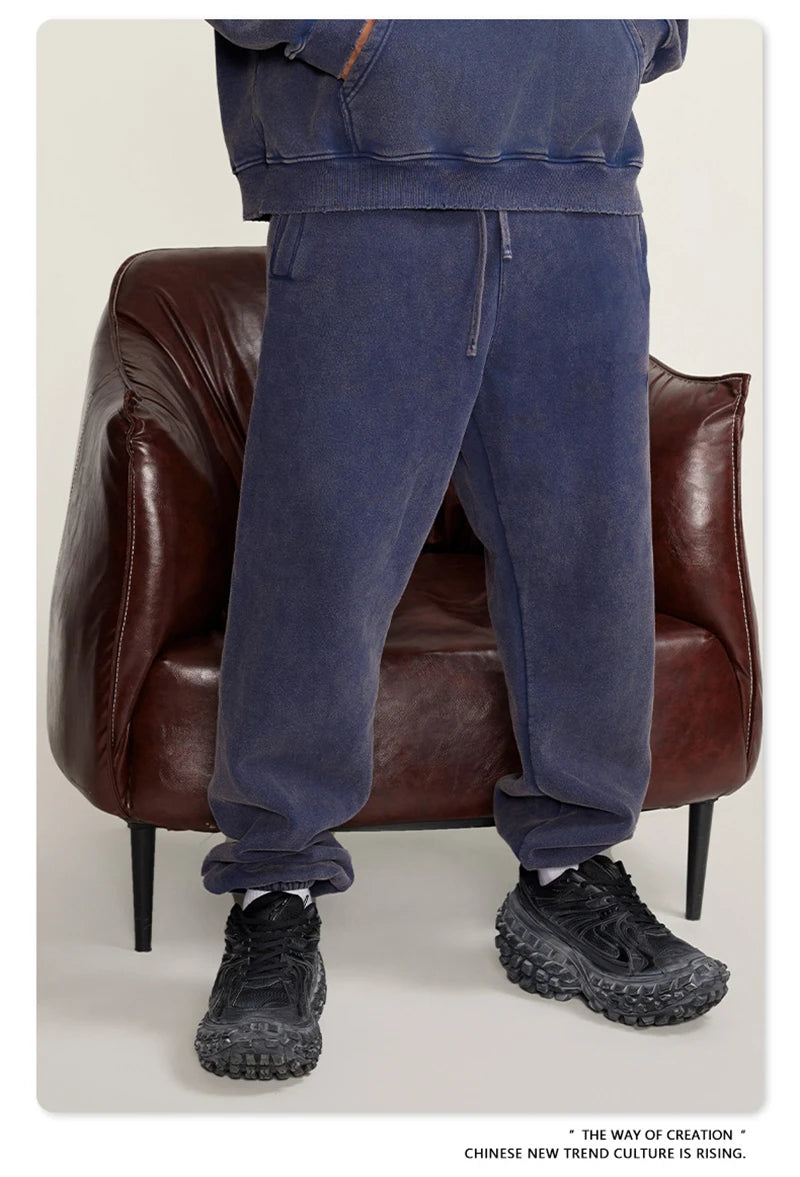 ZODF Winter Men Washed Thick Fleece 400gsm Loose Fit Joggers Sweatpants Streetwear HY0668