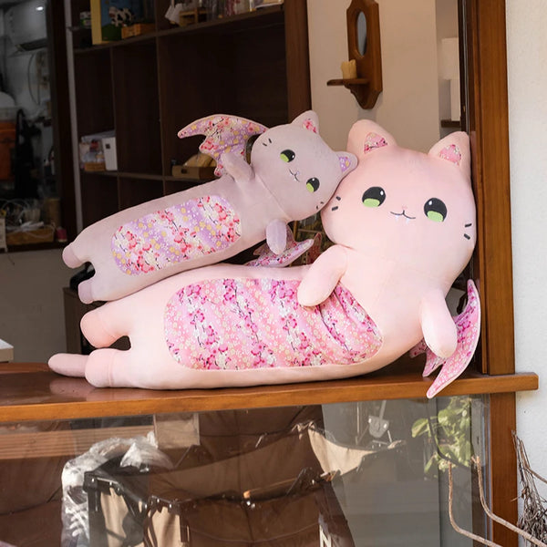60cm Cat Shaped Hug Pillow Cherry Blossom Plush Toy with Bat Wings Kitten Sleeping Birthday Gift for Girls