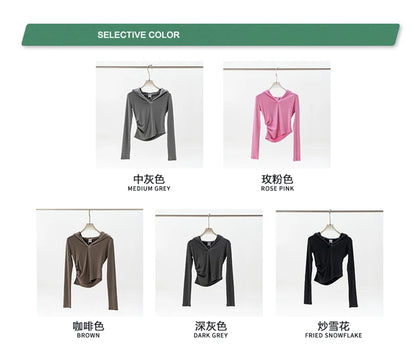 ZODF Sexy Women Autumn Washed 275gsm Hooded T Shirt Ladies Girls Slim Fit Distressed Side Pleated T-Shirts Tees HY1149