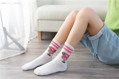 5Pair Anime One Piece Socks Cartoon Luffy Chopper Student Cotton White Long Short Boat Socks Printed Knitted Socks Children Gift