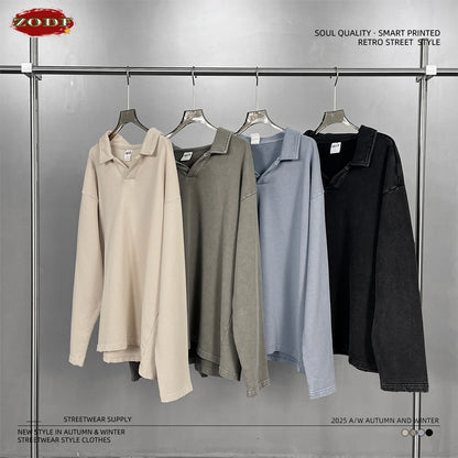 ZODF Retro Heavy Weight 400gsm Washed Cotton T-Shirts For Man Unisex Full Sleeve Turn Down Collar T Shirt Brand Tops HY1087