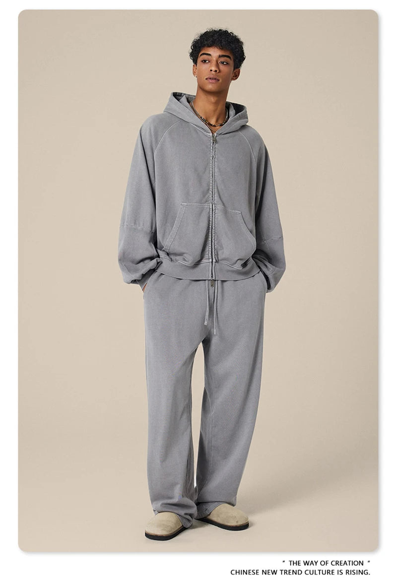 ZODF Heavy Wieght 480gsm Washed Cotton Boxy Zipper Hoodies For Man Unisex Retro Patchwork Off Shoulder Hooded Coats HY1152