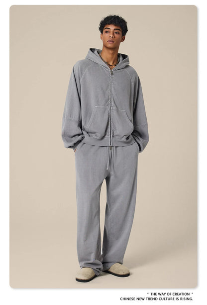 ZODF Heavy Wieght 480gsm Washed Cotton Boxy Zipper Hoodies For Man Unisex Retro Patchwork Off Shoulder Hooded Coats HY1152