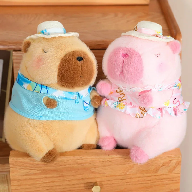 Pink Capybara Plush Toy Stuffed Seaside Beach Dress Blue Shirt Swim Ring Bee Decor Capibara Plushie Boy Hawaii Vacation Style