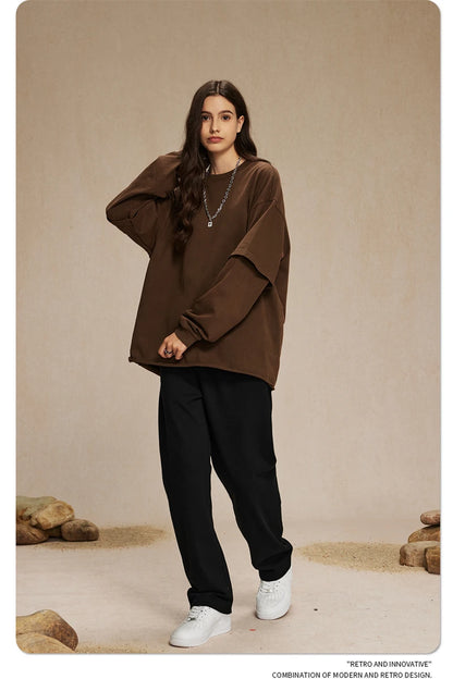 ZODF Retro Autumn Men Washed Cotton T-Shirts Unisex Loose Edge Fake 2-Piece 345gsm Full Sleeve O Neck T Shirt Brand Tops HY0928