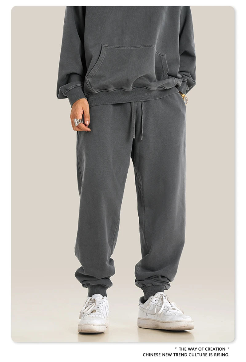 ZODF Retro Men Washed 380gsm 100% Cotton Sweatpant Unisex Loose Sport Solid Joggers Pants For Spring Autumn  HY0901