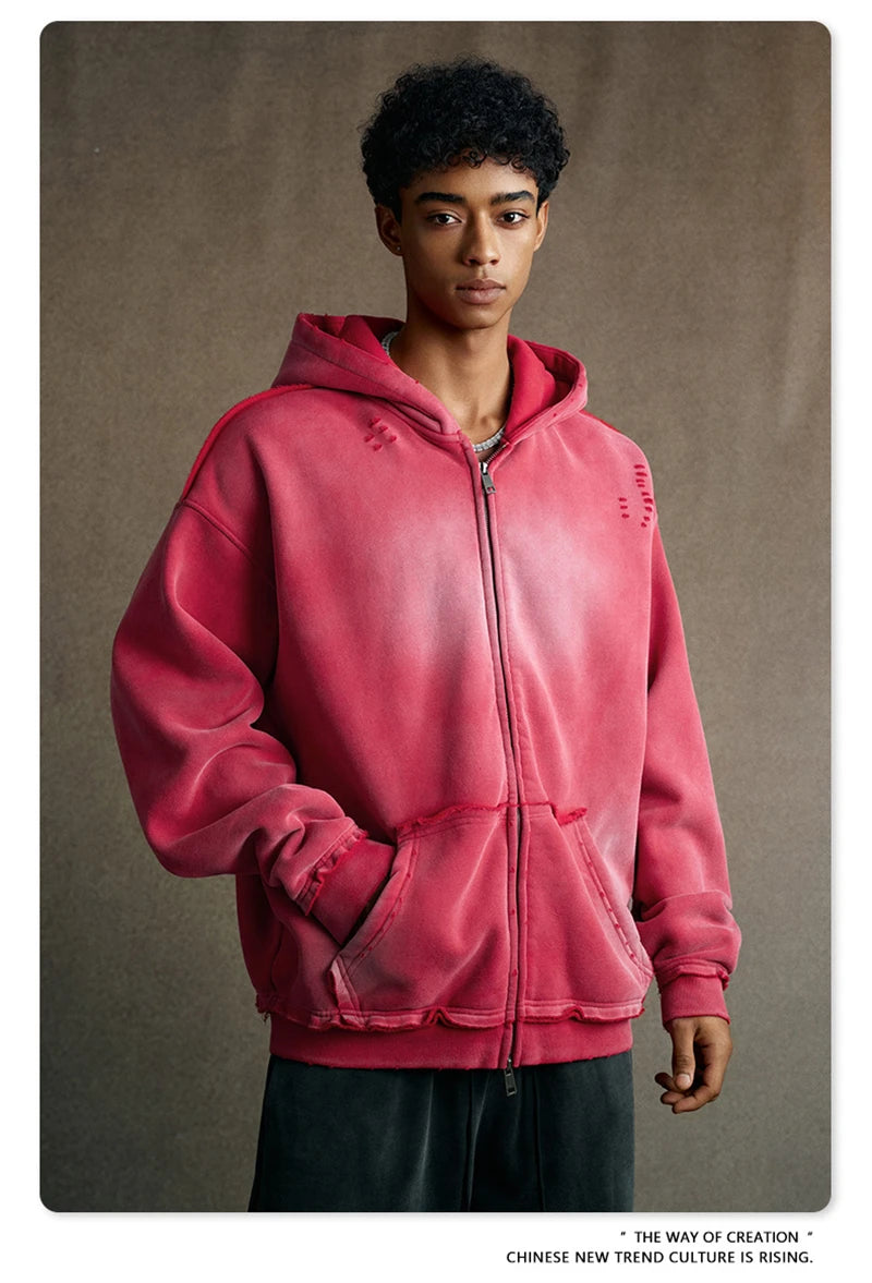 ZODF Retro Winter Men 400gsm Monkey Washed Zipper Hoodie Unisex High Street Loose Edge Ripped Distressed Hooded Pullovers HY1117