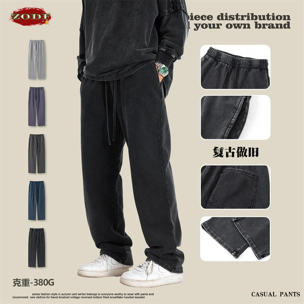 ZODF Retro Men Autumn Washed 380gsm Cotton Unisex High Street Oversized Solid Sport Straight Pants HY0885