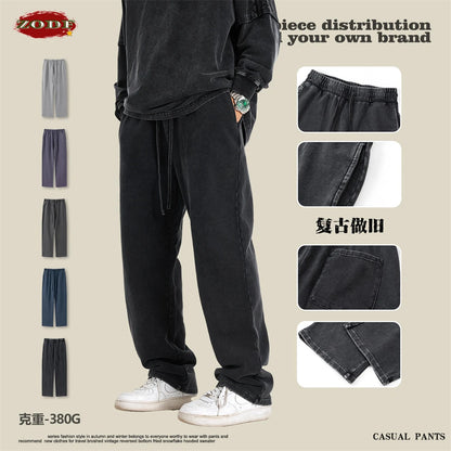 ZODF Retro Men Autumn Washed 380gsm Cotton Unisex High Street Oversized Solid Sport Straight Pants HY0885