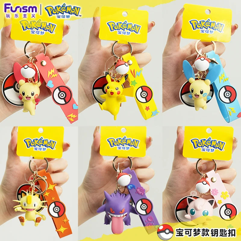 Genuine Pokemon Morpeko Keychain Gengar Meowth Cubone Jigglypuff Mimikyu Anime Action Figure Toy Keyring Fragrance Pendant Gift