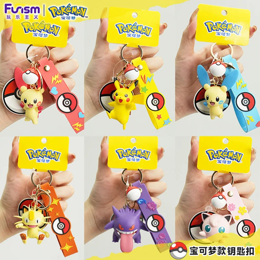 Genuine Pokemon Morpeko Keychain Gengar Meowth Cubone Jigglypuff Mimikyu Anime Action Figure Toy Keyring Fragrance Pendant Gift