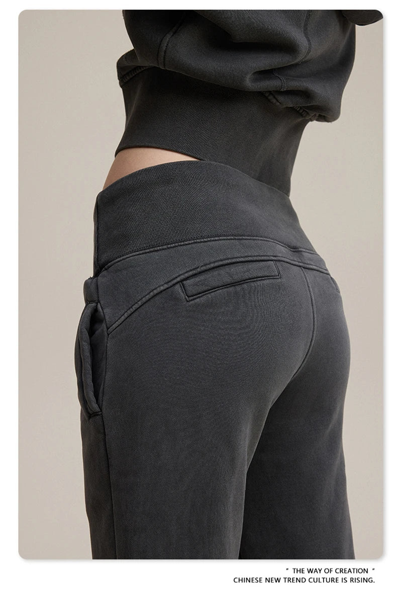 ZODF Retro Winter Women 400gsm Fleece Flared Pants Casual Girls Female Slim Fit Warm Washed Distressed Trousers HY1142