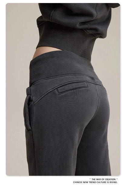 ZODF Retro Winter Women 400gsm Fleece Flared Pants Casual Girls Female Slim Fit Warm Washed Distressed Trousers HY1142