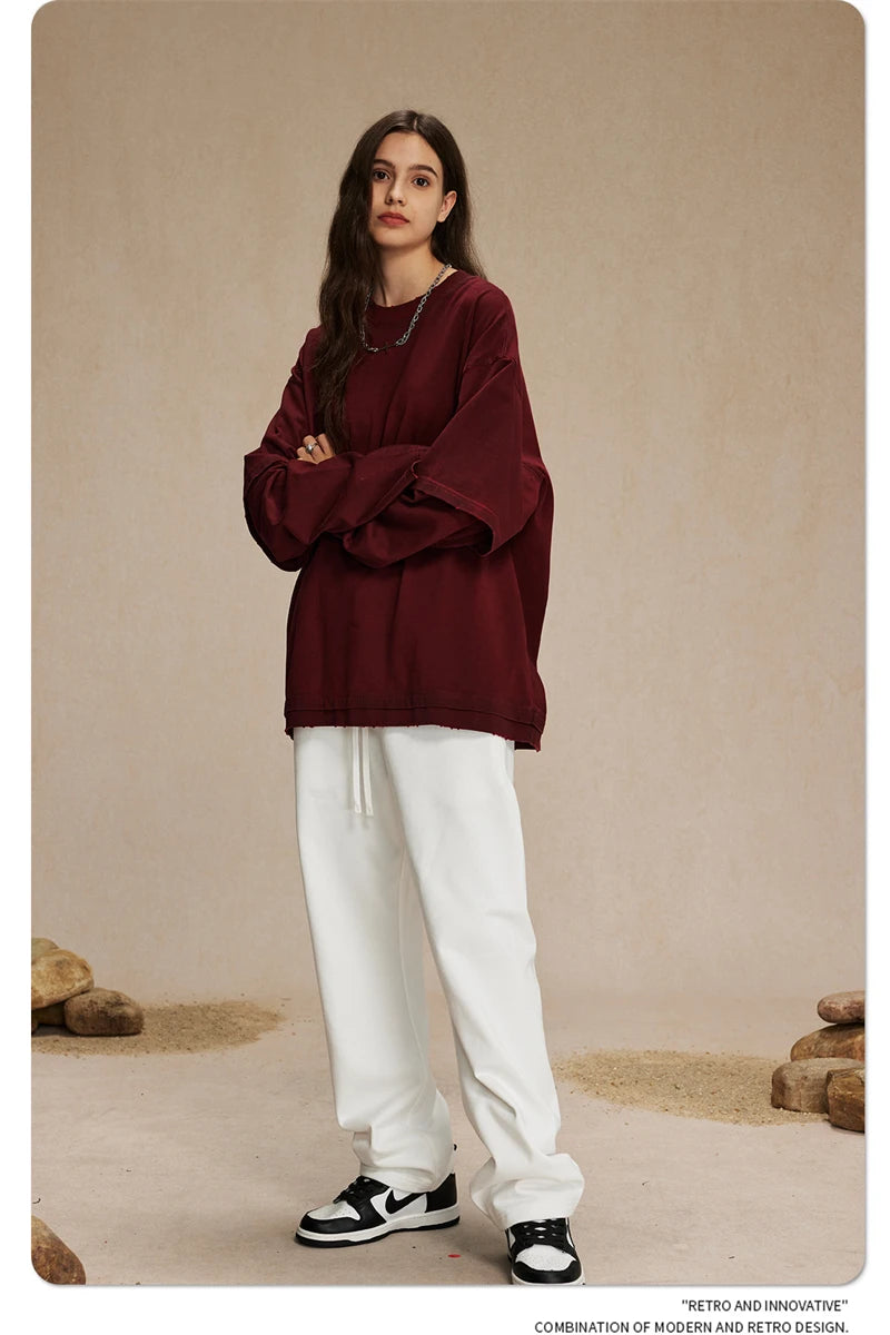 ZODF New 2024 Autumn Fake 2 Pieces T-Shirt For Men Unisex Loose Solid Long Sleeve O-Neck 305gsm Cotton T Shirt Brand Tops HY0944