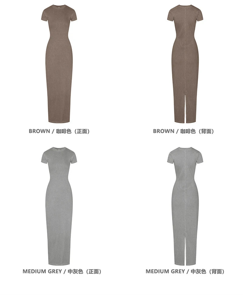 ZODF Sexy 2025 Spring Women 275gsm Long Dress Female Girls O Neck Washed Distressed Slim Slit Fit Dresses HY1008