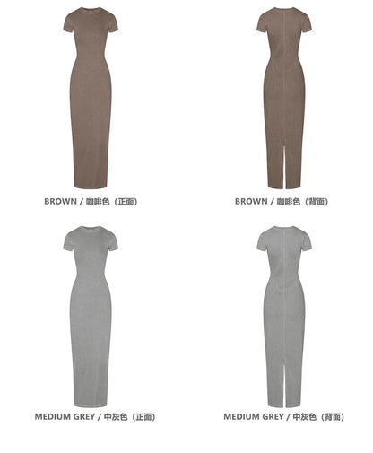 ZODF Sexy 2025 Spring Women 275gsm Long Dress Female Girls O Neck Washed Distressed Slim Slit Fit Dresses HY1008