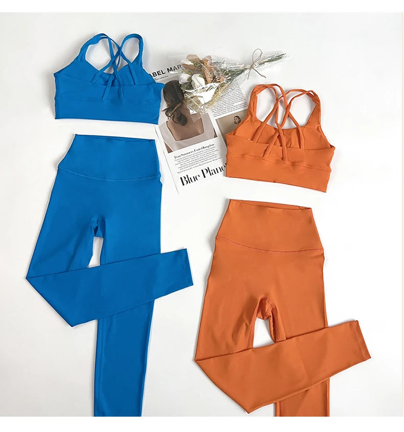 2 Pieces Yoga Set Women Gym Set Workout Clothes Sports Suits High Waist Leggings Cross Straps Fitness Bra Top Running Tracksuit